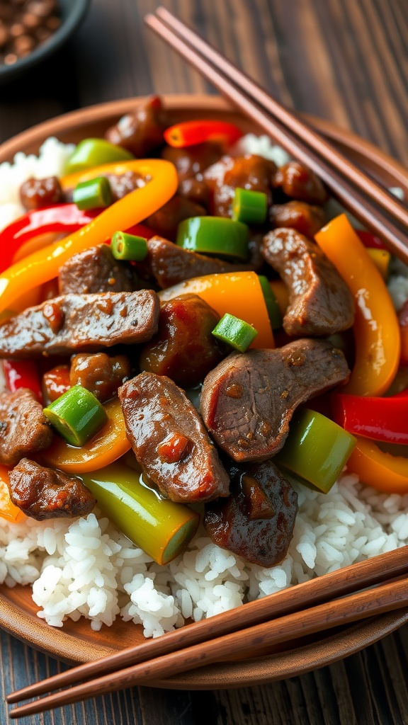 Savory Steak Leftovers Stir-Fry Recipe A colorful steak stir-fry with bell peppers and onions served over rice.